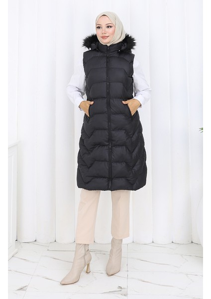 Kapüşonlu Fermuarlı Şişme Yelek 0180-02 Siyah