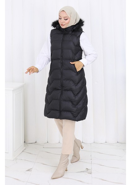 Kapüşonlu Fermuarlı Şişme Yelek 0180-02 Siyah fiyatları