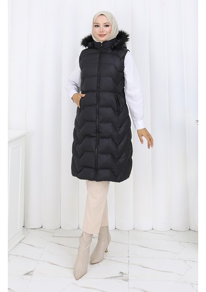 Kapüşonlu Fermuarlı Şişme Yelek 0180-02 Siyah modelleri