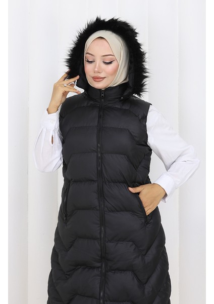 Kapüşonlu Fermuarlı Şişme Yelek 0180-02 Siyah fırsatları