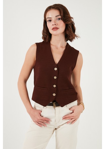 Streç Fitted Fit V Yaka Düğmeli Yelek Bayan Yelek 5865971