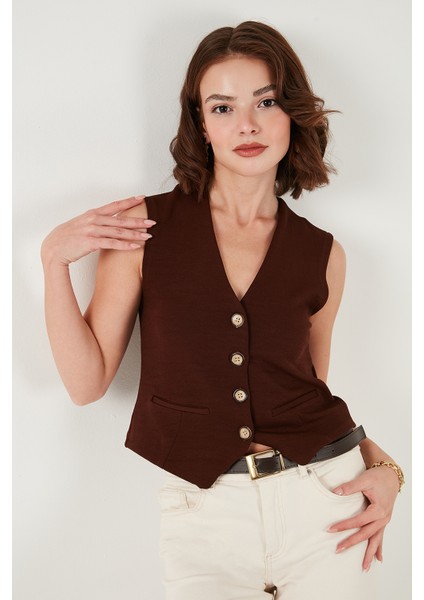 Streç Fitted Fit V Yaka Düğmeli Yelek Bayan Yelek 5865971 modelleri