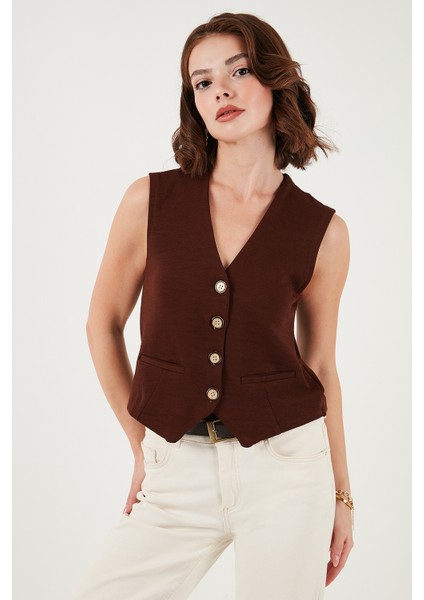 Streç Fitted Fit V Yaka Düğmeli Yelek Bayan Yelek 5865971 indirimleri