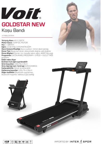 Goldstar New Koşu Bandı, Otomatik Eğimli, 3 Hp/dc Motorlu, Katlanabilir, Bluetooth App, 18KM Hız, Programlı fırsatları