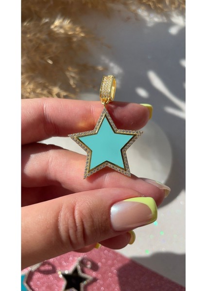 Açık Mavi Mineli Yıldız Kolye Ucu Yıldızlı Kolye Ucu Trend ve Zarif Kolye Ucu Sevgiliye Hediye 925