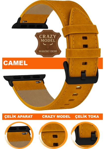 apple watch uyumlu seri 1/2/3/4/5/6/se/7/8/9 ultra/ultra2 42/44/45/49mm crazy deri saat kordonu kayışı l10hwc-camel-black