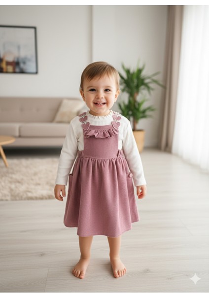 Çilek Işlemeli Bebe Yaka Fırfırlı Kız Çocuk Salopet Takımı Jile Mürdüm Fitilli Kadife Sonbahar Kış