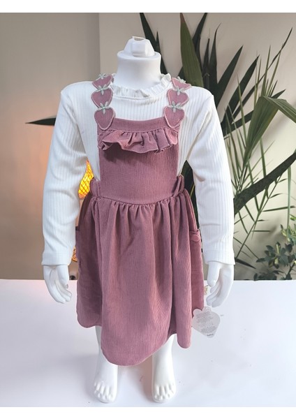 Çilek Işlemeli Bebe Yaka Fırfırlı Kız Çocuk Salopet Takımı Jile Mürdüm Fitilli Kadife Sonbahar Kış fiyatları