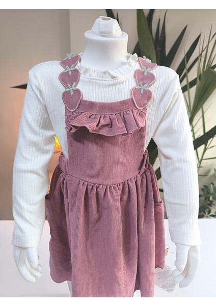 Çilek Işlemeli Bebe Yaka Fırfırlı Kız Çocuk Salopet Takımı Jile Mürdüm Fitilli Kadife Sonbahar Kış modelleri