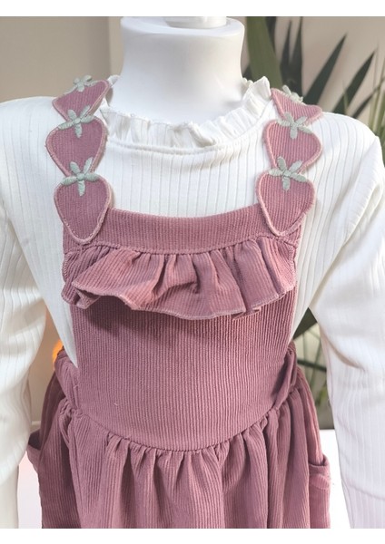 Çilek Işlemeli Bebe Yaka Fırfırlı Kız Çocuk Salopet Takımı Jile Mürdüm Fitilli Kadife Sonbahar Kış fırsatları