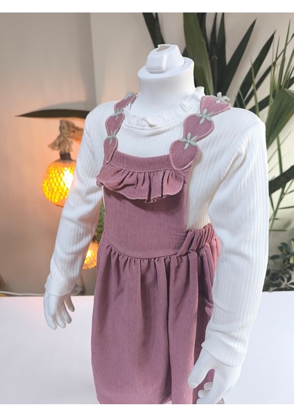 Çilek Işlemeli Bebe Yaka Fırfırlı Kız Çocuk Salopet Takımı Jile Mürdüm Fitilli Kadife Sonbahar Kış indirimleri