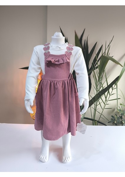 Çilek Işlemeli Bebe Yaka Fırfırlı Kız Çocuk Salopet Takımı Jile Mürdüm Fitilli Kadife Sonbahar Kış