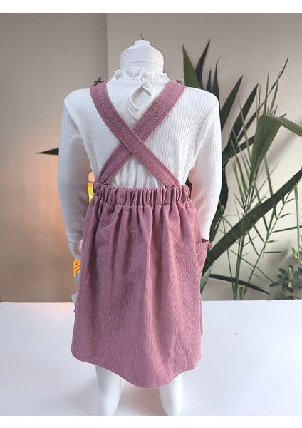 Çilek Işlemeli Bebe Yaka Fırfırlı Kız Çocuk Salopet Takımı Jile Mürdüm Fitilli Kadife Sonbahar Kış