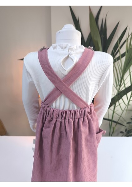 Çilek Işlemeli Bebe Yaka Fırfırlı Kız Çocuk Salopet Takımı Jile Mürdüm Fitilli Kadife Sonbahar Kış