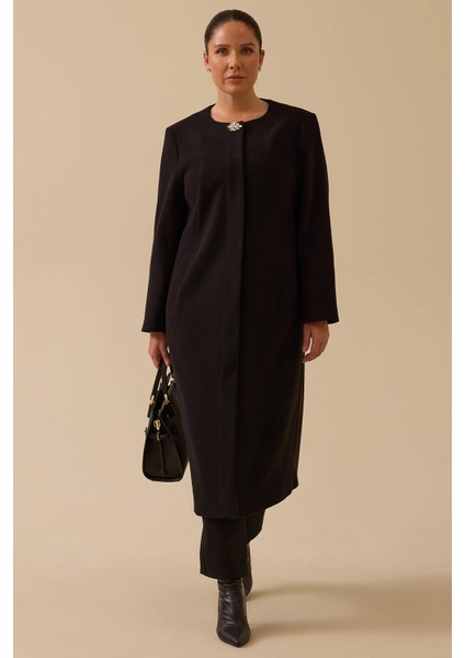 Kadın Büyük Beden Taş Detaylı Uzun Kaşe Kaban 4006 Siyah