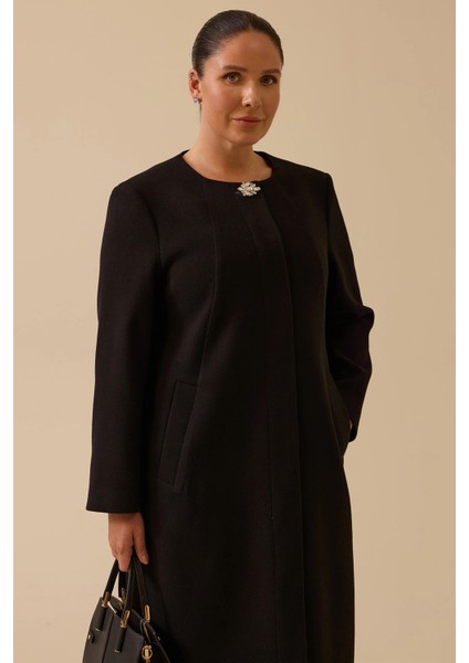 Kadın Büyük Beden Taş Detaylı Uzun Kaşe Kaban 4006 Siyah fiyatları