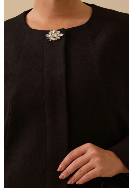 Kadın Büyük Beden Taş Detaylı Uzun Kaşe Kaban 4006 Siyah modelleri