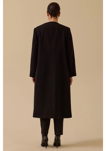 Kadın Büyük Beden Taş Detaylı Uzun Kaşe Kaban 4006 Siyah fırsatları