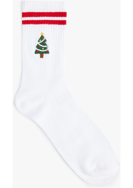 Çizgili Yılbaşı Ağacı Baskılı Tenis Çorabı