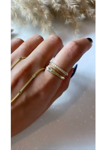 Altın Kaplama Taşlı Yılan Figürlü 925 Ayar Gümüş Yüzük