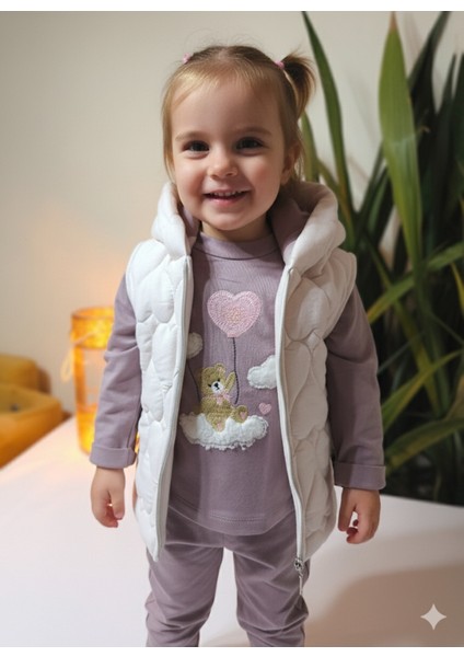 Kız Bebek Kapşonlu Üçlü Takım ( Bulut Ayıcık Sweatshirt+ Kapşonluyelek+Pantolon)