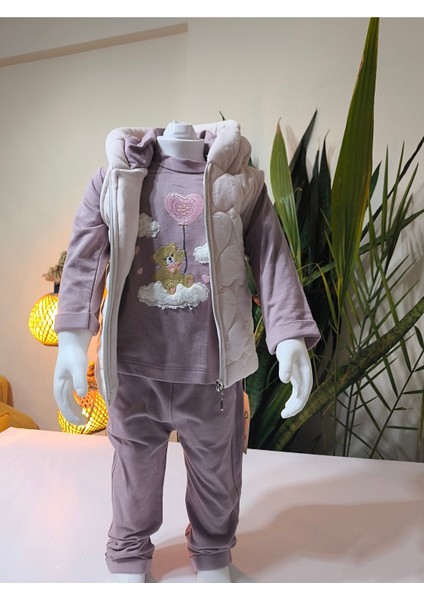 Kız Bebek Kapşonlu Üçlü Takım ( Bulut Ayıcık Sweatshirt+ Kapşonluyelek+Pantolon) fiyatları