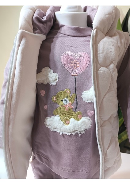 Kız Bebek Kapşonlu Üçlü Takım ( Bulut Ayıcık Sweatshirt+ Kapşonluyelek+Pantolon) fırsatları