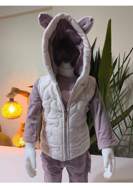Kız Bebek Kapşonlu Üçlü Takım ( Bulut Ayıcık Sweatshirt+ Kapşonluyelek+Pantolon)