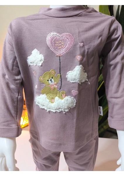Kız Bebek Kapşonlu Üçlü Takım ( Bulut Ayıcık Sweatshirt+ Kapşonluyelek+Pantolon)