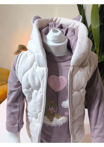 Kız Bebek Kapşonlu Üçlü Takım ( Bulut Ayıcık Sweatshirt+ Kapşonluyelek+Pantolon)