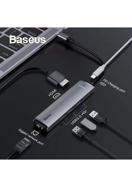 Baseus USB Type C 6in1 HDMI 3x USB 3.0 RJ45 Çoğaltıcı ADAPTÖR-(5775) - M567K870-R59567