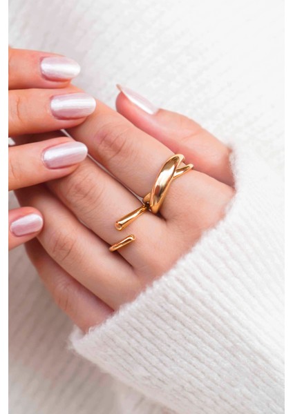 Gold Renk Burgu ve Açık Uçlu 2'li Kadın Yüzük Seti