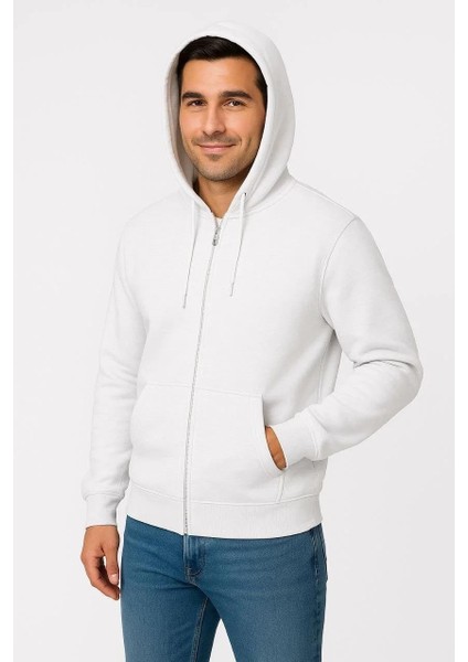 Erkek Üç Iplik Kapüşonlu Tam Fermuarlı Kanguru Cepli Sweatshirt Hoodie - Beyaz modelleri
