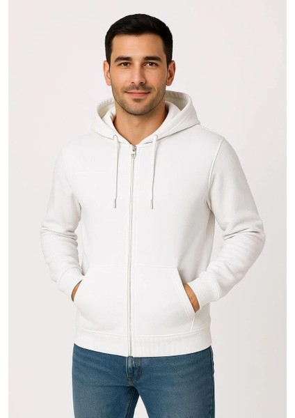 Erkek Üç Iplik Kapüşonlu Tam Fermuarlı Kanguru Cepli Sweatshirt Hoodie - Beyaz indirimleri