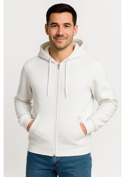 Erkek Üç Iplik Kapüşonlu Tam Fermuarlı Kanguru Cepli Sweatshirt Hoodie - Beyaz