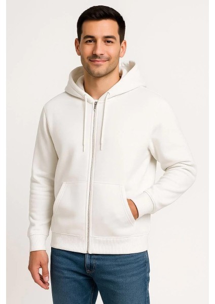 Erkek Üç Iplik Kapüşonlu Tam Fermuarlı Kanguru Cepli Sweatshirt Hoodie - Beyaz