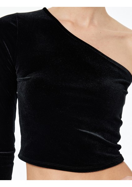 Slim Fit Asimetrik Yaka Uzun Kollu Crop Tek Omuz Kadife Bluz