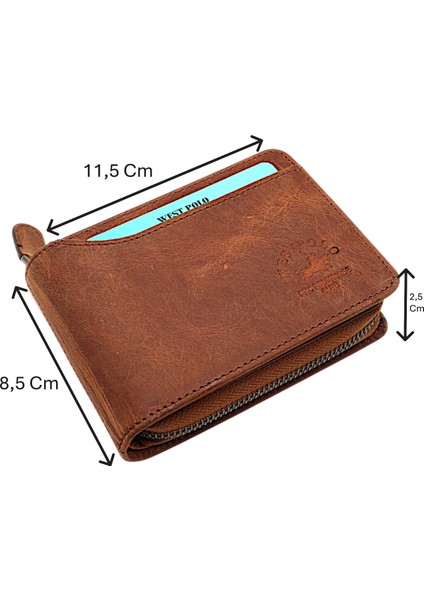 Hakiki Eskitme Deri Kağıt Para ve Bol Kart Bölmeli Patlı ve Fermuarlı Unisex Cüzdan-G2 Taba