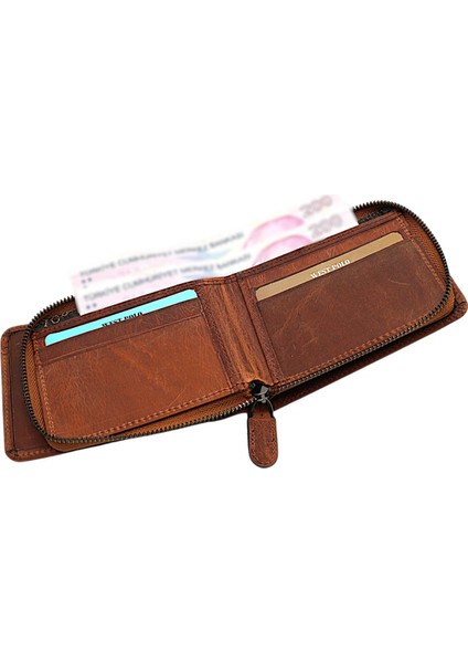 Hakiki Eskitme Deri Kağıt Para ve Bol Kart Bölmeli Patlı ve Fermuarlı Unisex Cüzdan-G2 Taba fırsatları