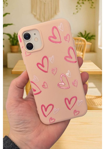 iPhone 11 Uyumlu Pembe Kalp Desenli Silikon Darbe Emici Klasik Korumalı Rubber Kılıf 277