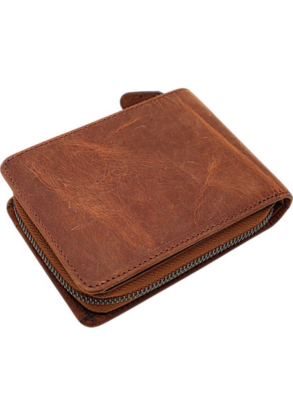 Hakiki Eskitme Deri Kağıt Para ve Bol Kart Bölmeli Patlı ve Fermuarlı Unisex Cüzdan-G2 Taba