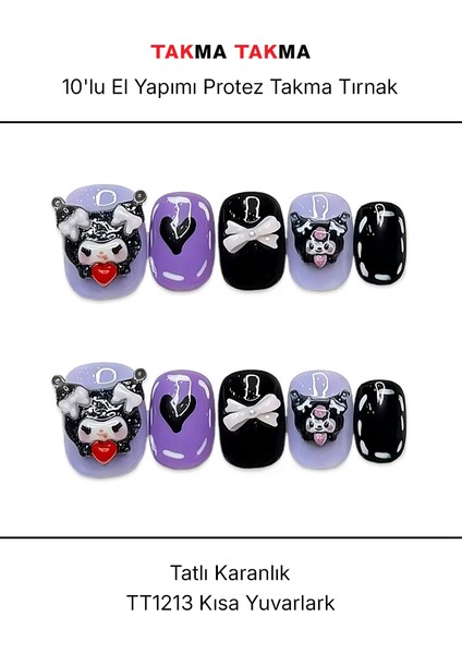 10'lu Renkli Kısa Yuvarlak TT1213 Tekrar Kullanılabilir El Yapımı Protez Takma Tırnak - Renkli-L