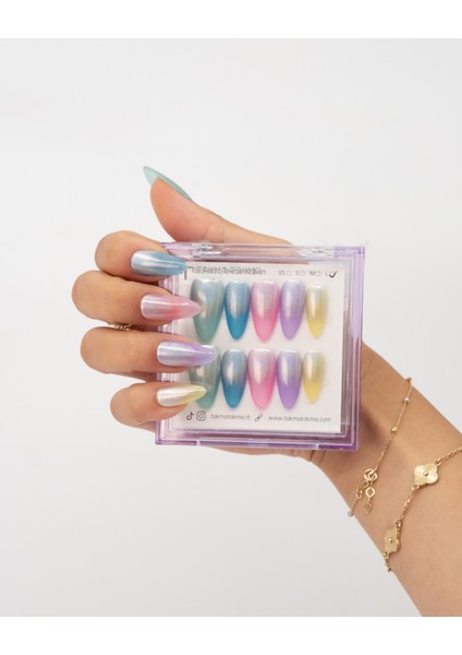 10'lu Renkli Uzun Badem TT1411 Tekrar Kullanılabilir El Yapımı Protez Takma Tırnak - Renkli-S