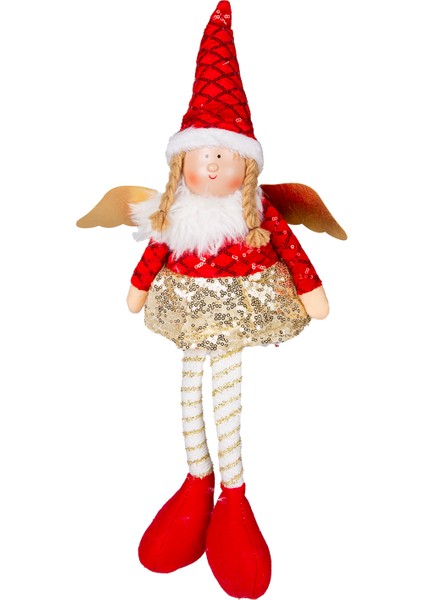 Yılbaşı Süsü, Oturan Kanatlı Peri Figürü, Kırmızı - Gold Etekli, 17X5