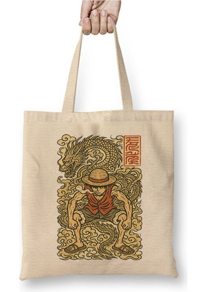 One Piece Luffy Beyaz Bez Çanta Uzun Saplı Alışveriş Çantası Plaj Çantası