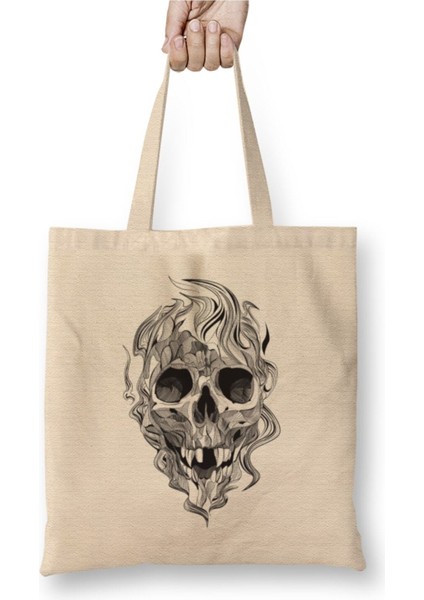 Skull Flame Beyaz Bez Çanta Uzun Saplı Alışveriş Çantası Plaj Çantası