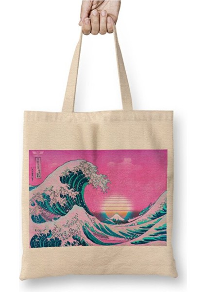 Kanagawa Oki Nami Ura Bez Çanta Uzun Saplı Alışveriş Çantası Plaj Çantası