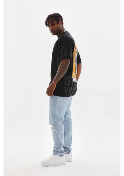Unisex Baskılı Oversize T-Shirt - Siyah modelleri