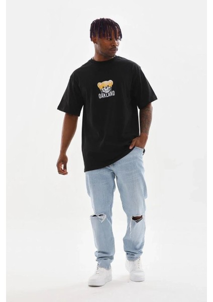 Unisex Baskılı Oversize T-Shirt - Siyah indirimleri