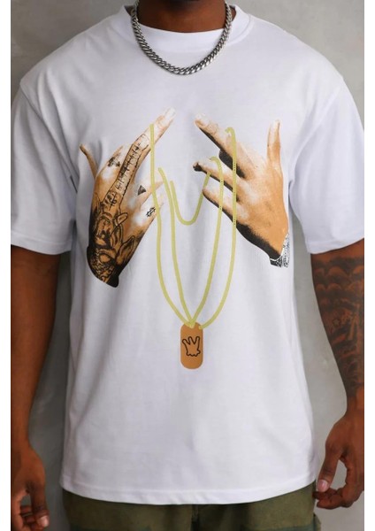Unisex Baskılı Oversize T-Shirt - Beyaz